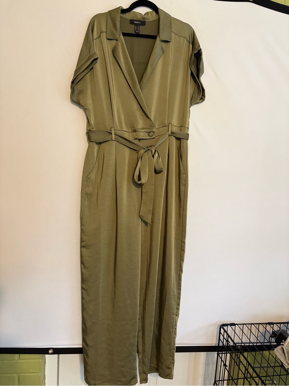 Forever 21 + Olive green full length wide leg jumpsuit